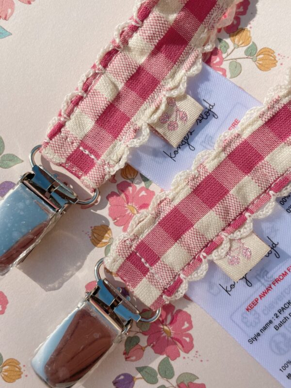 2 Pack Pacifier Strap, Bubblegum Check- Konges Slojd