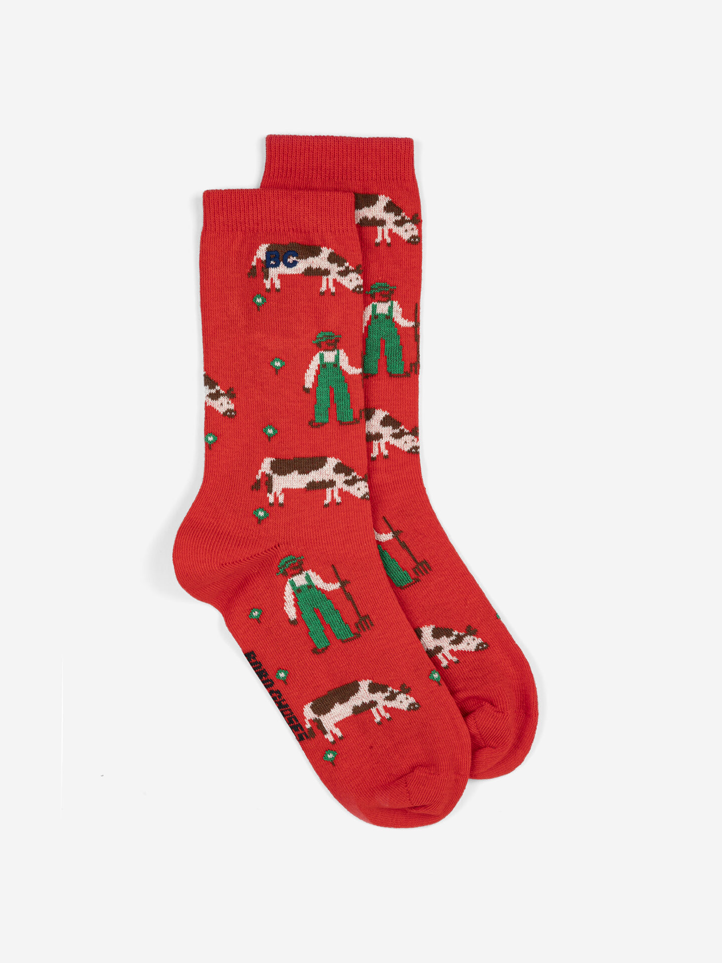 Farm Adventure All Over red long socks in organic cotton by Bobo Choses