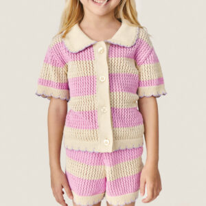 Kids knitted cardigan Mipounet cropped with sailor stripes, Peter Pan collar, and scalloped edges