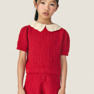 Cerise Knit Sweater Red, Short Sleeve Lightweight Cotton Sweater - Mipounet