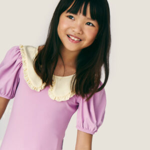 Girls puff sleeve swimsuit Daniela Pink Violet Mipounet